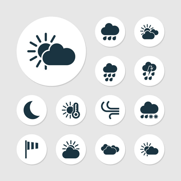 Klimaat pictogrammen instellen met bewolking, wind, temperatuur en andere bewolkte elementen. Geïsoleerde illustratie klimaat pictogrammen. - Foto, afbeelding