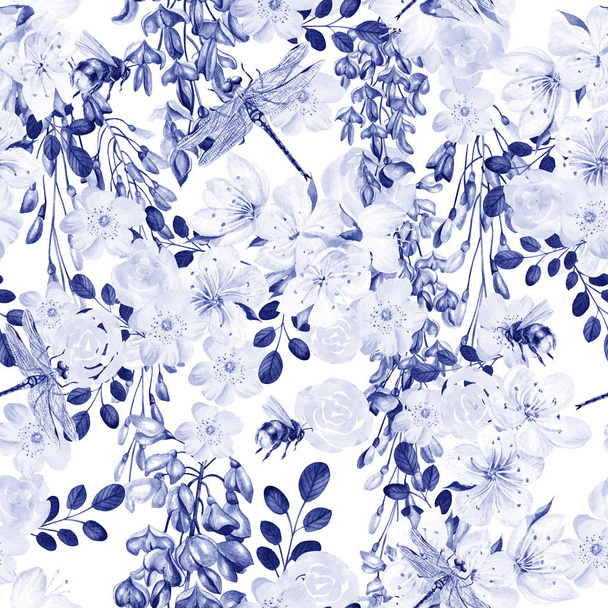 Prachtige aquarel patroon met blauweregen en lente bloemen.  - Foto, afbeelding