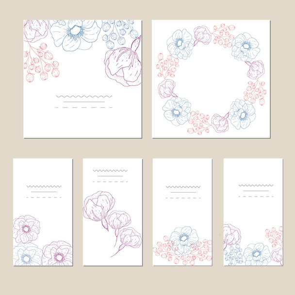Conjunto de cartão com flor rosa, folhas
. - Vetor, Imagem