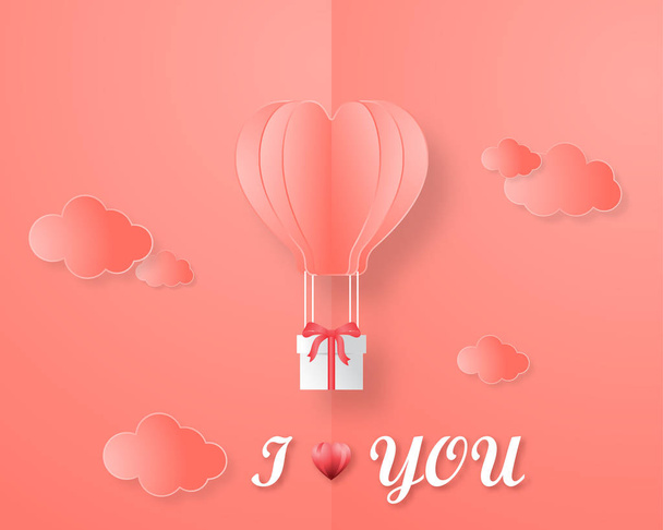 Creative love invitation card Valentine's day vector illustration paper cut style. Origami hot air balloon flying with gift box on the open book page with clouds and i love you text. 2019 color trend. - Vector, Image