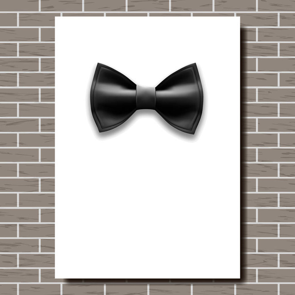 Bow Tie Poster Vector. Empty White A4. Black Bow Tie. Classic Satin Butterfly. Place For Text. Brick Wall. Vertical. Realistic Illustration - Vector, Image