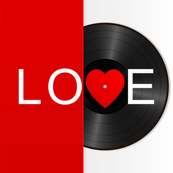 Realistinen musta vinyyli Record punaisella sydän etiketti ja sana rakkaus. Retro Sound Carrier eristetty valkoisella taustalla
 - Vektori, kuva