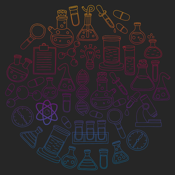 Vektor-Set von Chemie, Wissenschaft Symbole. Muster mit Bildern von Laborgeräten. - Vektor, Bild