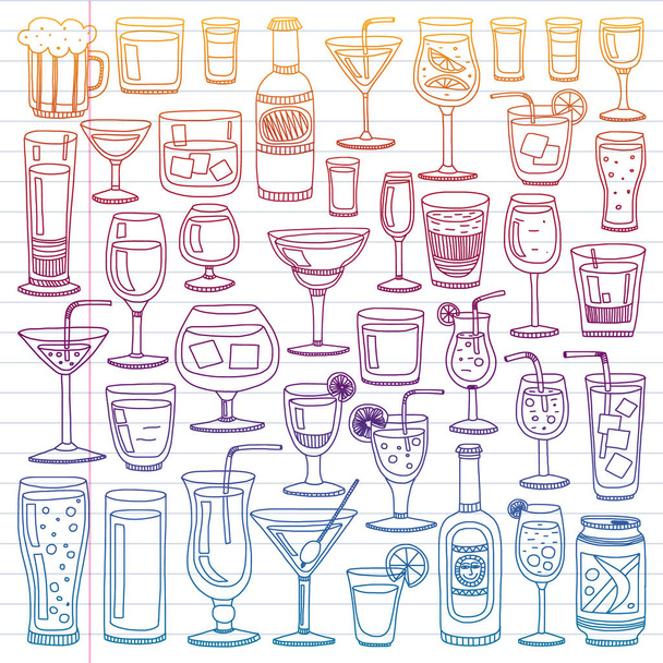 Vector set of popular cocktails for the menu. Doodle style icons. - Вектор,изображение