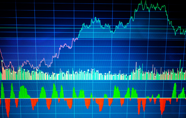 Analiza techniczna rynku akcji danych na monitorze. Dane finansowe na niebieskim tle. Wykres akcji na ekranie. Świecie ekonomii wykres - Zdjęcie, obraz