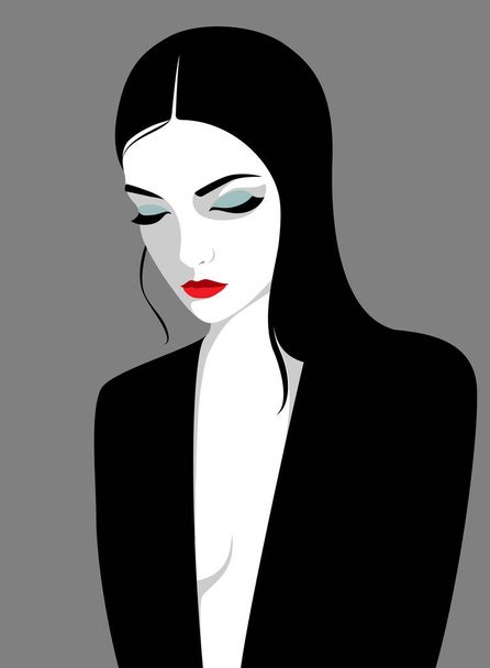 Vector portrait of beautiful young sad woman with long black hair wearing black dress - Vektor, Bild