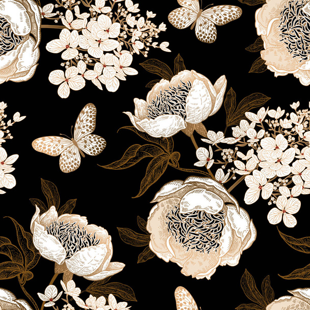 Peonies, hydrangea and butterfly. Floral vintage seamless pattern. Gold and white flowers, leaves, branches on black background. Oriental style. Vector illustration art. Template of textiles, paper. - Vektori, kuva