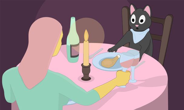 Γκρι γάτα έχοντας το γεύμα με μια μοναχική γυναίκα. Μια ισχυρή και ανεξάρτητη γυναίκα με ροζ μαλλιά πίνει κρασί με μια γάτα. - Διάνυσμα, εικόνα