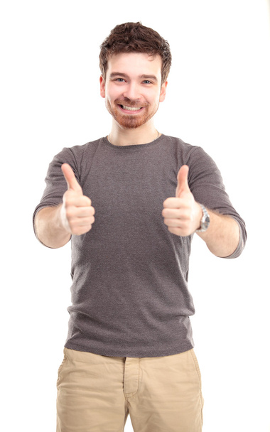 Hombre feliz con los pulgares hacia arriba gesto, aislado en blanco
 - Foto, imagen