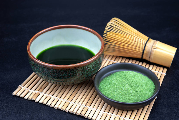 Matcha. Organic Green Matcha Tea ceremony. Matcha powder. Cooking with matcha, recipe - Fotoğraf, Görsel