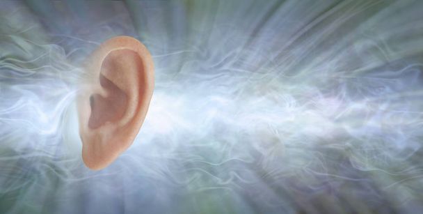 Audiology - if you could see what sound looks like - single flat profile of a human ear isolated against a jade coloured radiating flowing sound waves background with copy space  - Photo, Image