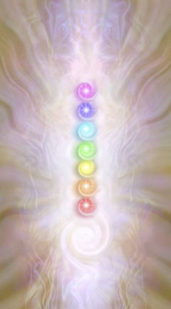 Kundalini pila di chakra a spirale - contro un campo di energia etereo irradiante oro rosa sette chakra vortici colorati arcobaleno sopra una formazione di energia a spirale della Kundalini
 - Foto, immagini