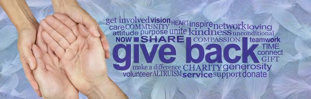 Be an Angel and Give Back - female hands gently cupped around male cupped hands beside a GIVE BACK word cloud against a wide blue banner of random fluffy white feathers - Photo, Image