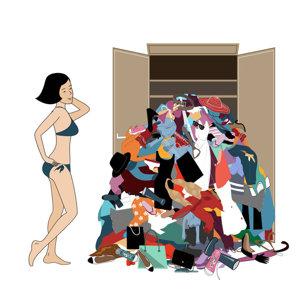 Nothing to wear concept, young attractive stressed woman looking at a pile of messy clothes gotten out of closet. Vector illustration - Vector, Image