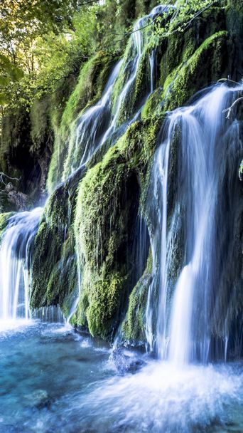 Красивый водопад стекает со свежего зеленого холма в бирюзовую воду озер в пределах Плитвицкого национального парка
 - Фото, изображение