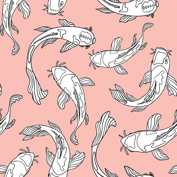 Černá a bílá perokresby plavání japonské Koi ryb na pastelové pozadí. Bezešvá vektorová vzor. Skvělé pro tkaniny, domácí výzdoba, šablony, módní doplňky - Vektor, obrázek