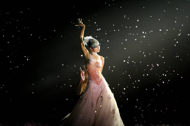 中国のダンサー、ヤン Liping は、彼女の最新作「冬の孔雀」の公演中に実行します中国天津で、4月21日2017. - 写真・画像