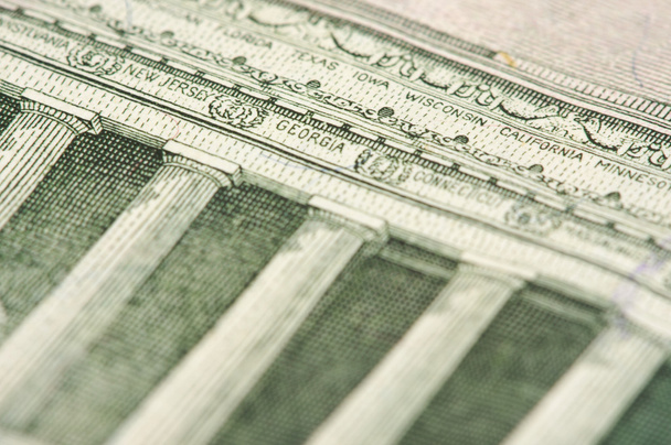 Macro da parte de trás do U.S. Five Dollar Bill
 - Foto, Imagem