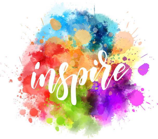 Inspire - motivational message. Handwritten modern calligraphy inspirational text on multicolored watercolor paint splash. - Vektor, obrázek