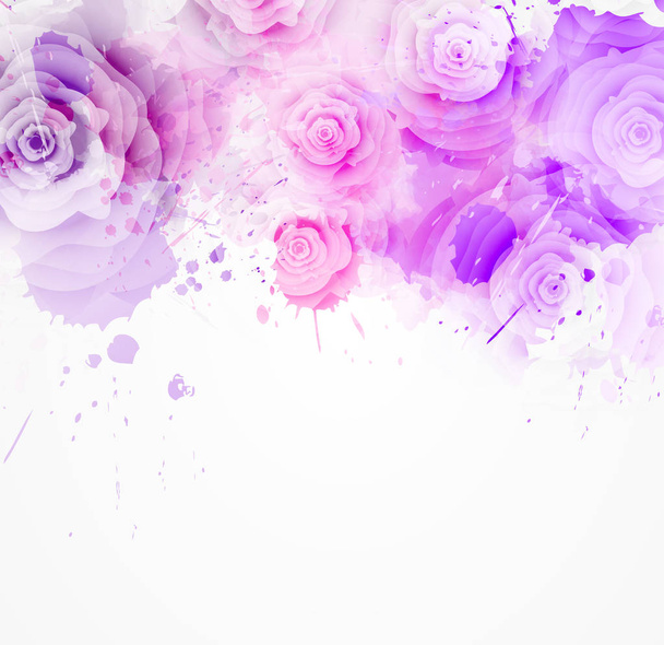 abstrakter Hintergrund mit Aquarell, bunten Spritzern und Rosenblüten. lila und rosa gefärbt. Vorlage für Ihre Entwürfe, wie Hochzeitseinladungen, Grußkarten, Poster usw.. - Vektor, Bild