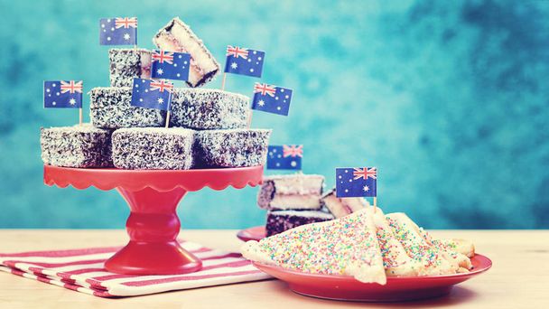 Iconic traditional Australian party food, Lamington cakes and Fairy Bread, - Photo, Image