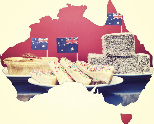 伝統的なオージー タッカー パーティー料理を示すオーストラリアの地図,. - 写真・画像