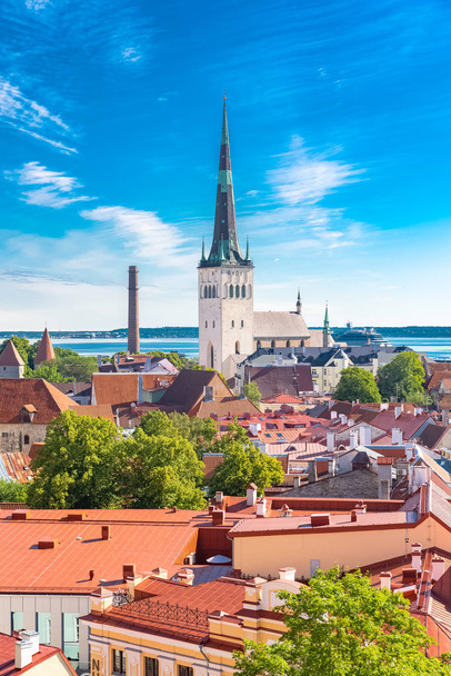 Tallinn na Estônia, panorama da cidade medieval com igreja de Saint-Nicolas, casas coloridas e torres típicas
  - Foto, Imagem