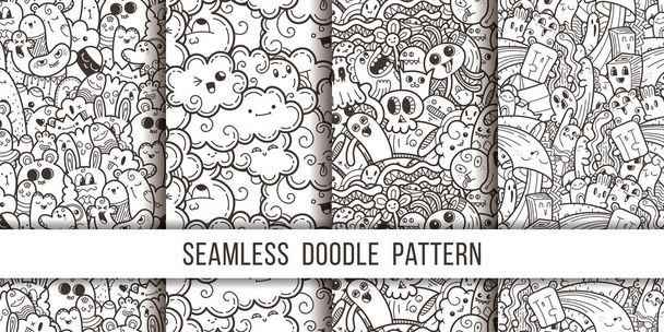 Vicces doodle szörnyek varrat nélküli mintát nyomtatványok, minták és színező könyvek gyűjteménye - Vektor, kép