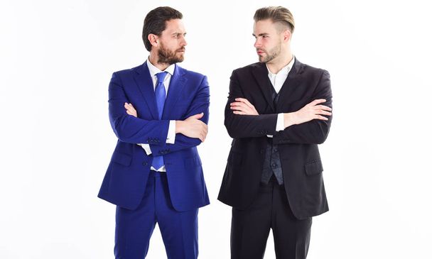 Business leaders of department. Men businessman formal suit stand confidently with crossed arms white background. Confident business bosses. Join business team. Trust and support. Build business team - 写真・画像