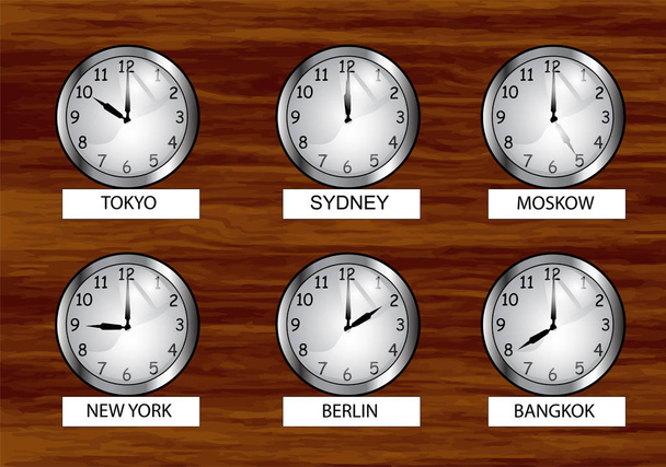 мировые часы. различные часовые пояса на деревянной стене
 - Вектор,изображение