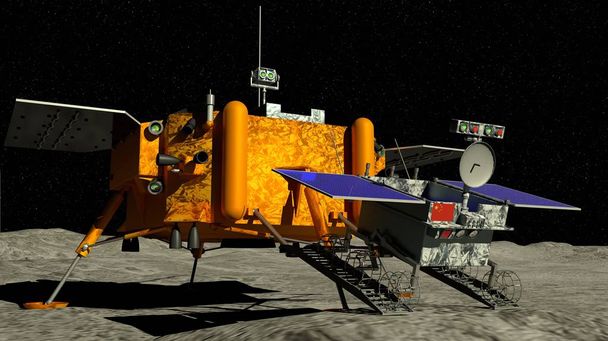 Yutu 2 σεληνιακό rover απόγονος της Κίνας Chang ε 4 σεληνιακό καθετήρα προσγειώθηκε στην επιφάνεια της Σελήνης στις 3 Ιανουαρίου 2019, με τον ήλιο στο φόντο. 3D απεικόνιση - Φωτογραφία, εικόνα