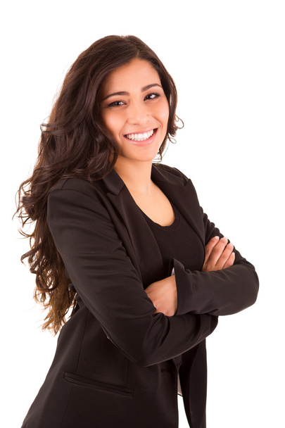 白い背景に対して幸せな若いビジネス女性の肖像画 - 写真・画像