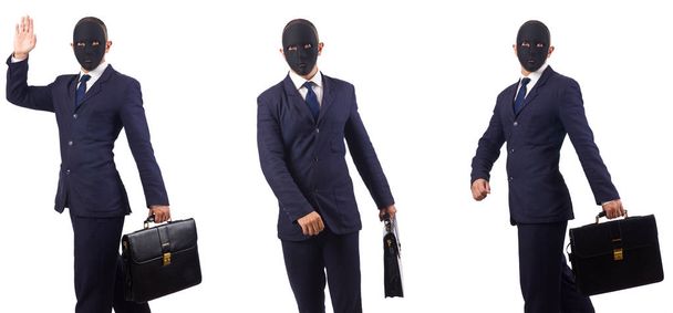 Человек в маске и портфеле изолирован на белом
  - Фото, изображение