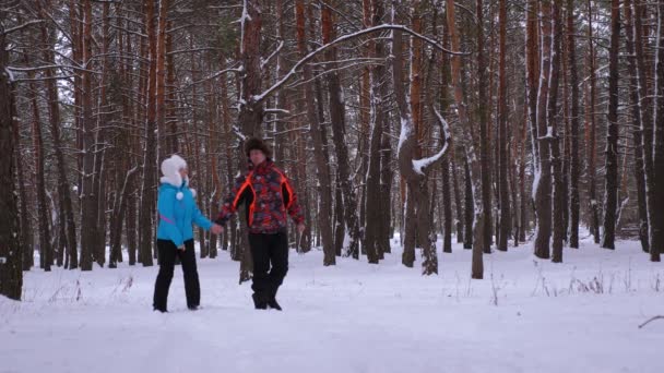 Любляча пара гуляє в зимовому засніженому лісі і сміється. Чоловік і жінка проводять час разом у парку взимку. Різдвяні вихідні
 - Кадри, відео