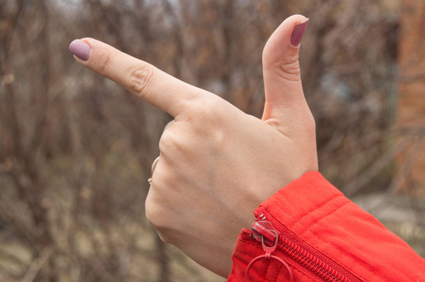 女性の手は屋外で方向を示すインデックス指の兆候を作ります - 写真・画像