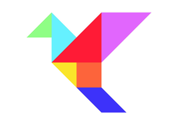 Kleur tangram puzzel in vliegende vogel vorm op witte achtergrond - Vector, afbeelding