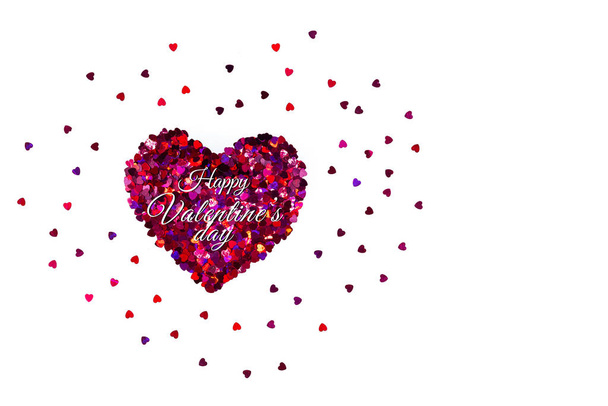 Valentine Day concept, white background with glitter red hearts - Photo, Image