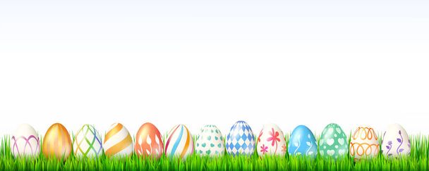 Collection of easter eggs on white background. Decoration for spring celebration of Easter with handmade eggs on green grass. Set of eggs with hand drawn paintings. Background for invitation, cover. - Vector, Image