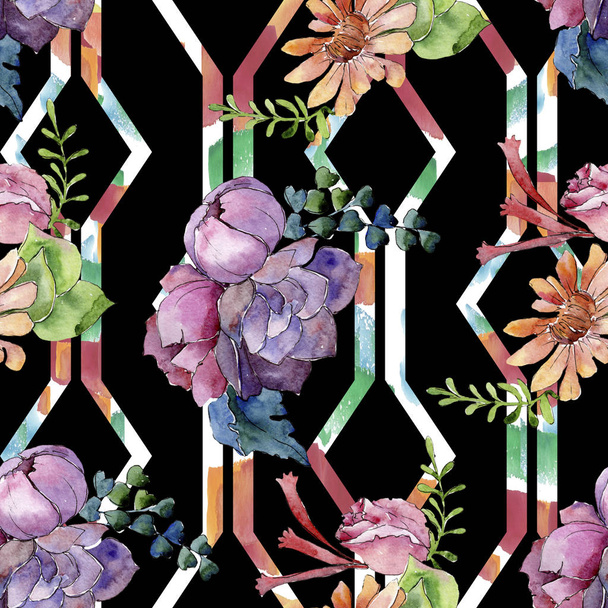 Bouquet floral botanical flowers. Watercolor background illustration set. Seamless background pattern. - Foto, Imagen