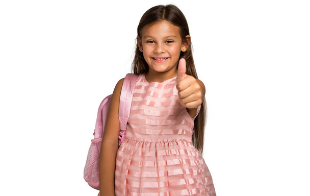 Little smiling girl making ok sign isolated on white background  - Photo, Image