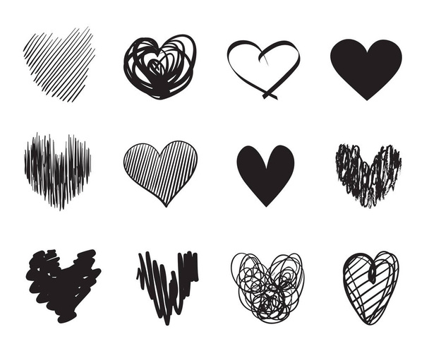Hand drawn grunge hearts on isolated white background. Set of love signs. Unique image for design. Black and white illustration. Elements for design - Vector, Image