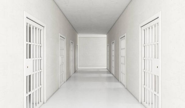 Концепция интерьера хорошо освещенный коридор в современной тюрьме с закрытыми дверьми тюремных камер - 3D рендеринг
 - Фото, изображение