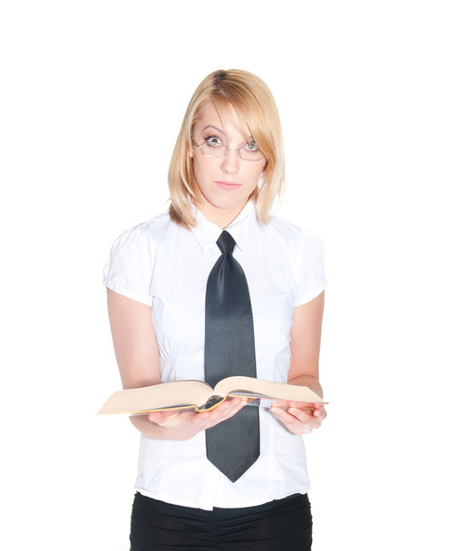 busines woman in shirt and tie with book - Foto, afbeelding