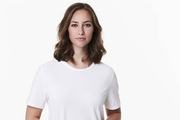 Beautiful brunette in white t-shirt, portrait - Fotoğraf, Görsel