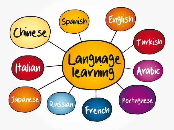 Fluxograma de mapas mentais de aprendizagem de línguas diferentes, conceito de negócios de educação para apresentações e relatórios
 - Vetor, Imagem