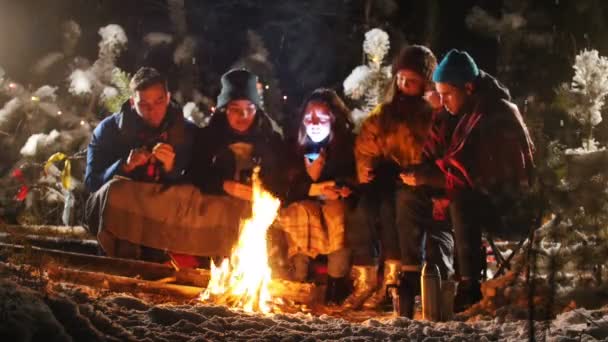 Group of friends in winter forest. Sitting near the bonfire. Frying marshmallow - Footage, Video