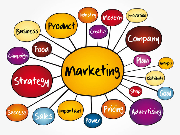 Estrategia de marketing y objetivos principales del diagrama de flujo del mapa mental del producto, concepto de negocio para presentaciones e informes - Vector, imagen