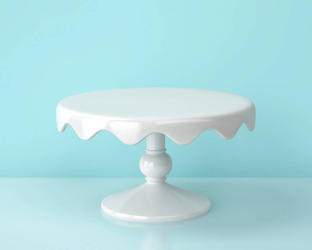 White porcelain cake stand on blue backgroung. 3D rendering - Foto, afbeelding