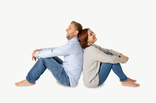 Happy couple isolated on white background with copy space Thinking and Planning wealthy future together in Love, Buying First house, having Child Baby and family financial well-being concept. - Fotografie, Obrázek