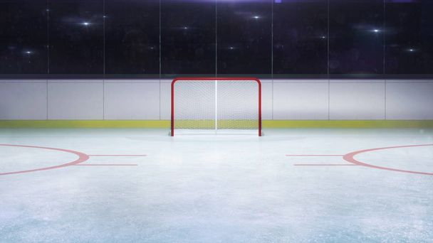 jääkiekko stadionin tavoite edessä yleisnäkymä ja kamera vilkkuu takana, jääkiekko ja luistelu stadion sisätiloissa 3D tehdä kuvitus tausta
 - Valokuva, kuva